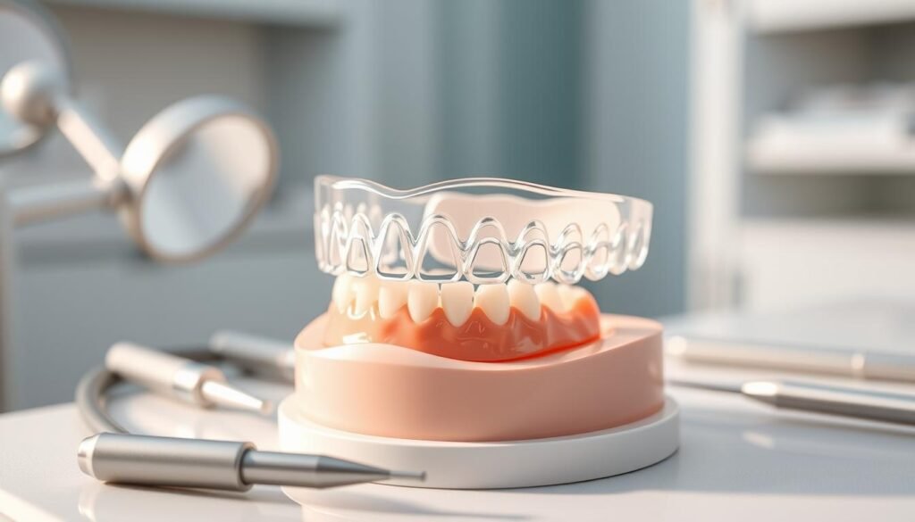 A close-up image of a clear Invisalign aligner, placed on a dental model with a focus on the upper and lower teeth alignment. The aligner should be transparent and shiny, reflecting light, showcasing its design and fit. Surround the model with dental tools, such as mirrors and probes, on a clean, sterile dental table. Soft, diffused lighting creates a calming atmosphere, highlighting the craftsmanship of the aligner and emphasizing its role in improving dental aesthetics. The background should be subtly blurred, suggesting a modern dental clinic setting with soft pastel colors, invoking a sense of professionalism and care. The angle should be slightly elevated, drawing attention to the aligner and dental model, creating an inviting and informative scene.