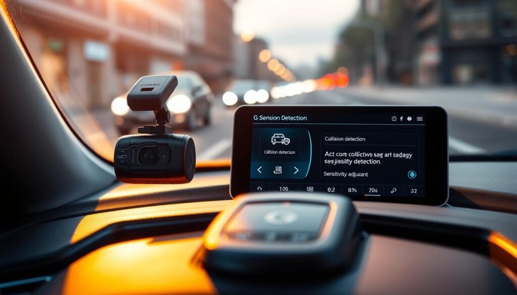 A detailed close-up of a car dashboard showcasing a modern vehicle's dashcam with a prominent G-Sensor display. The foreground features the dashcam's sleek design, illuminated by soft, ambient light that highlights its polished surface. In the middle ground, a digital interface shows metrics related to collision detection and settings for sensitivity adjustment, with visually appealing icons and a clear layout. The background depicts a blurred view of a city street through the windshield, suggesting movement and travel. The overall mood is technological and informative, with a focus on the functionality of the G-Sensor feature in a sophisticated, professional manner. The lighting is warm and inviting, creating an atmosphere of innovation and safety.