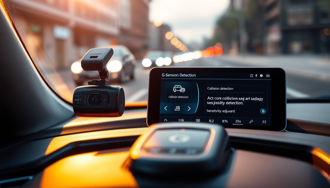 A detailed close-up of a car dashboard showcasing a modern vehicle's dashcam with a prominent G-Sensor display. The foreground features the dashcam's sleek design, illuminated by soft, ambient light that highlights its polished surface. In the middle ground, a digital interface shows metrics related to collision detection and settings for sensitivity adjustment, with visually appealing icons and a clear layout. The background depicts a blurred view of a city street through the windshield, suggesting movement and travel. The overall mood is technological and informative, with a focus on the functionality of the G-Sensor feature in a sophisticated, professional manner. The lighting is warm and inviting, creating an atmosphere of innovation and safety.