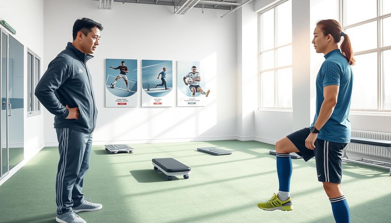 A detailed illustration depicting a dedicated physical therapy session for a soccer player undergoing ACL rehabilitation at ACL Rehab HK. In the foreground, a focused physical therapist, dressed in a professional track suit, observes and guides a soccer player who is wearing appropriate sports attire. The player demonstrates specific functional movements such as lateral lunges and single-leg stability drills. In the middle ground, specialized rehabilitation equipment like balance boards and resistance bands are strategically placed, indicating the high-tech facility used for recovery. The background features a clean, well-lit gym environment, adorned with motivational sports posters and the logo of ACL Rehab HK. Soft, natural lighting streams through large windows, creating an encouraging and optimistic atmosphere of determination and professionalism.