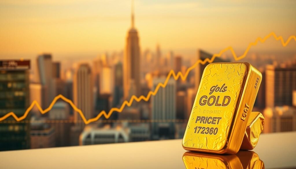 A dynamic composition illustrating the factors influencing gold prices in an economic context. In the foreground, a detailed gold ingot prominently displayed, glimmering under warm, soft golden lighting. The middle ground features a sleek, modern graph showing gold price fluctuations, accompanied by symbols representing economic factors like inflation, interest rates, and market demand. In the background, a bustling financial district skyline is visible, hinting at the broader economic landscape. The mood is analytical yet hopeful, reflecting a thriving economy. The scene is captured with a slight depth of field, emphasizing the gold ingot while softly blurring the distant cityscape. The image is clear of any text or graphics, focusing solely on the visual narrative.