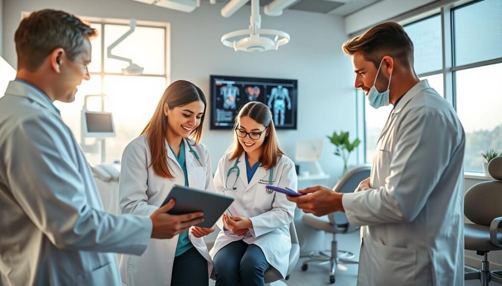 A modern, well-lit dental clinic interior showcasing a multidisciplinary consultation setup. In the foreground, a diverse team of dental professionals including a dentist in a white coat, a dental hygienist, and an oral surgeon, all engaged in discussion over a digital tablet displaying patient records. The middle ground features dental equipment and comfortable patient chairs, emphasizing a welcoming atmosphere. In the background, large windows allow natural light to flood in, enhancing the bright and clean environment. A wall-mounted monitor displays anatomical diagrams, contributing to an educational vibe. The overall mood is collaborative and professional, reflecting the efficiency of a comprehensive dental service in a unified healthcare approach.