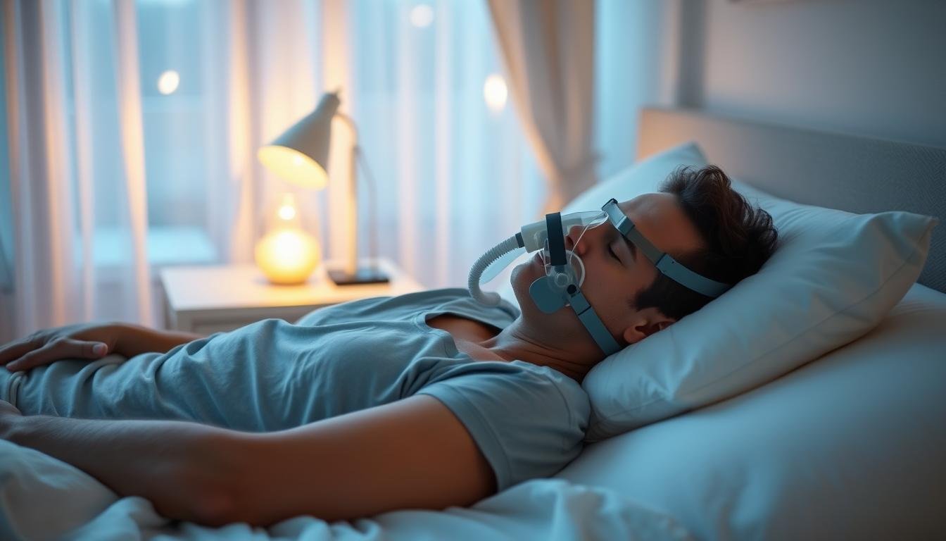 A peaceful bedroom scene featuring a person comfortably using a CPAP machine while sleeping. In the foreground, the individual is positioned on their side, with a soft, supportive pillow elevating their head, and the CPAP mask fitted securely but gently. The person is dressed in modest sleepwear, radiating relaxation. The middle ground showcases a calming bedside table with a soft lamp casting warm, golden light, highlighting a serene atmosphere. In the background, soft curtains flutter slightly, allowing a hint of moonlight to filter in, adding to the tranquil mood. The overall color palette is soothing, with shades of blue and white dominating, encapsulating a restful night’s sleep. The angle is slightly above eye level, focusing on the individual's side profile and the gentle ambiance of the bedroom.