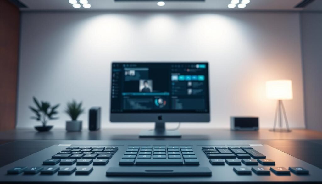 A sleek and modern user interface design concept for 3A Entertainment, showcasing a sophisticated visual flow. In the foreground, display an elegantly arranged layout of buttons and icons, reflecting intuitive usability and aesthetics. The middle layer includes a seamless navigation bar and interactive elements, designed with a minimalist approach to encourage fluid interaction. In the background, suggest a digital workspace bathed in soft, ambient lighting, creating a harmonious atmosphere. Utilize a blend of cool and warm color tones to reflect the balance between functionality and artistry. Capture the scene from a slight overhead angle, emphasizing the organized design. The overall mood should be professional and engaging, ideal for illustrating the importance of visual flow in UI design.