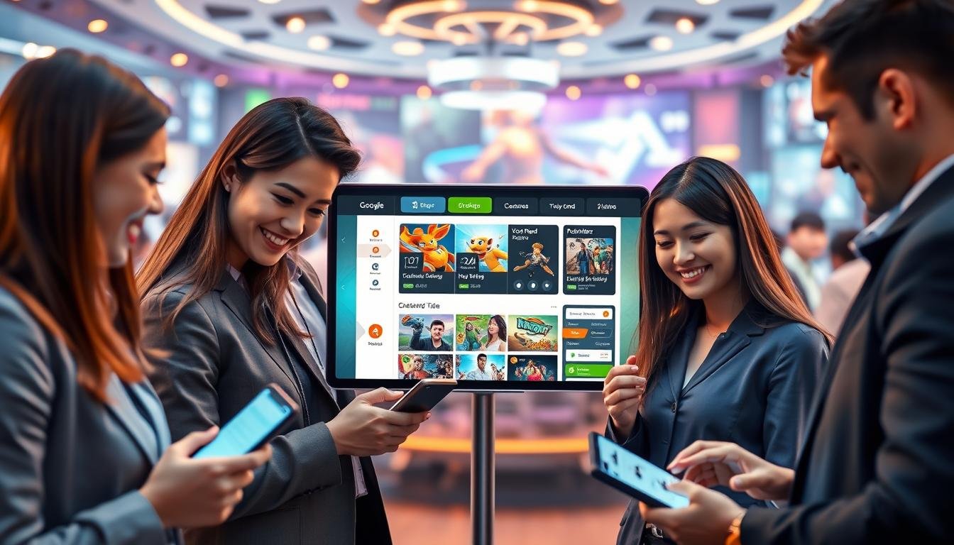 A visually engaging representation of the "UG娛樂城 新手導引系統," showcasing an intuitive user interface design. In the foreground, display a friendly, diverse group of professionals in smart casual attire interacting with digital devices, illustrating user engagement. In the middle, highlight a sleek, modern website interface filled with colorful graphics and interactive elements, emphasizing user-friendly navigation. The background should feature a vibrant, softly lit digital environment, symbolizing a high-tech gaming atmosphere. Use warm lighting to create an inviting mood, with a slight focus on user experience elements like arrows, tips, and dynamic animations that guide new members. Capture a sense of excitement and welcoming energy in the composition, making it suitable for illustrating the ease of navigation in the guide system.