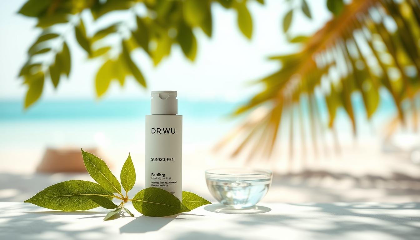 A clean, elegant product display showcasing DR.WU sunscreen. In the foreground, prominently feature a sleek, modern bottle of DR.WU sunscreen, designed with a minimalist aesthetic, emphasizing its lightweight and invisible qualities. Below the bottle, arrange a few fresh green leaves and a small bowl of water to convey lightness and hydration. In the middle ground, incorporate soft sunlight filtering through a gentle canopy of leaves to create a warm, inviting atmosphere. The background should feature a soft-focus beach setting with pastel-colored sands and crystal-clear water, creating a serene coastal vibe. Use soft, natural lighting to enhance the feel of freshness and vitality, making the product pop against the tranquil backdrop.