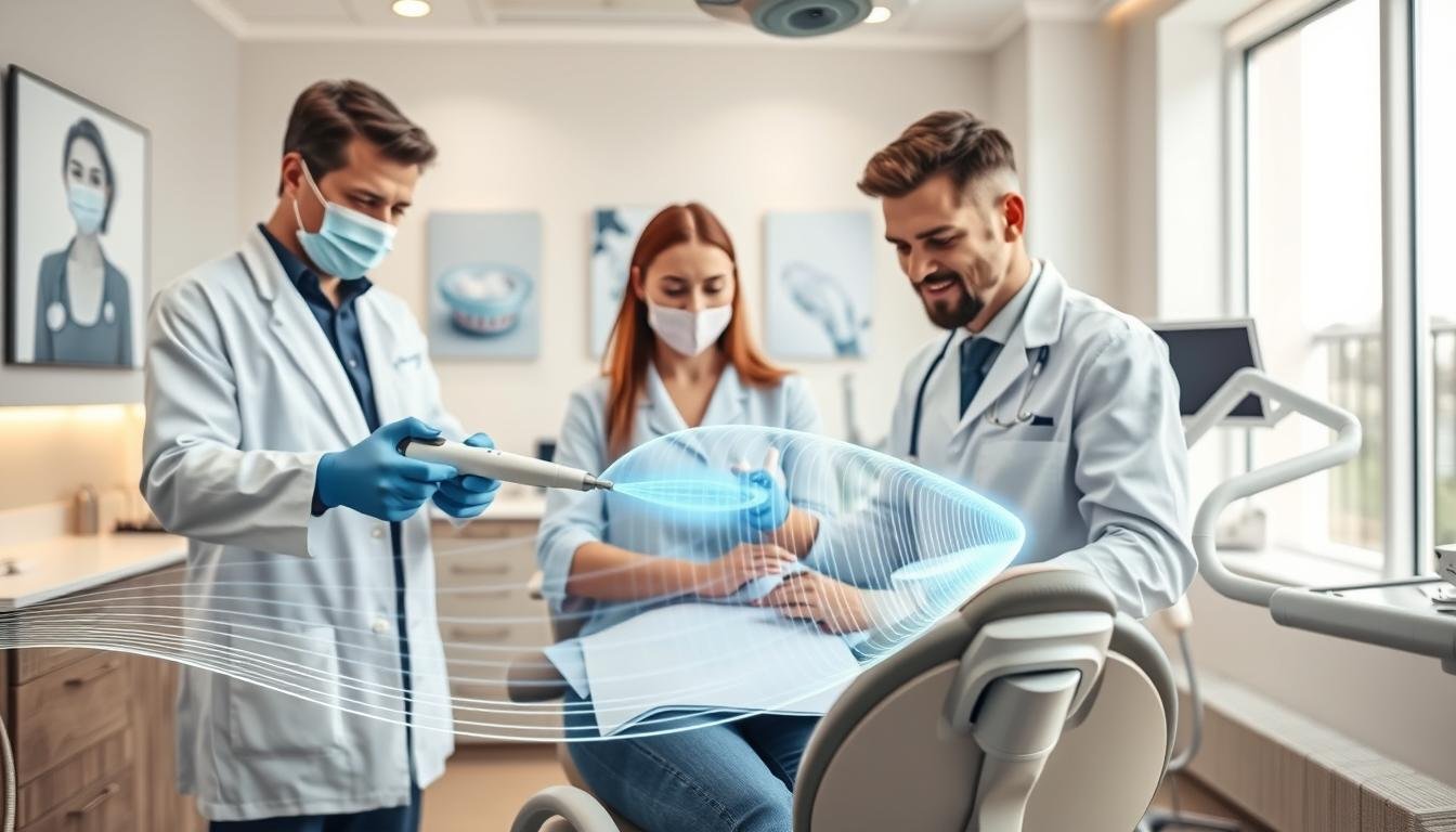 A modern dental clinic interior with an emphasis on ultrasonic dental cleaning technology. In the foreground, a dentist in a white coat and a dental hygienist in professional attire are carefully demonstrating the ultrasonic scaler to a patient seated in a comfortable dental chair. The scaler emits gentle ultrasonic waves, depicted as soft, glowing blue lines illustrating the cleaning action on a set of pristine teeth. In the middle ground, dental tools and equipment are neatly arranged on a clean counter, while a soothing, light-colored wall with dental posters adds a professional ambiance. The background features a well-lit room with large windows allowing natural light, creating a calm and reassuring atmosphere. Bright, inviting lighting enhances the cleanliness and modernity of the clinic.