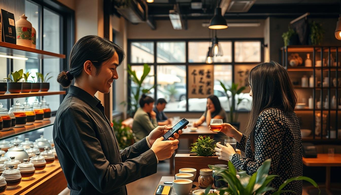 A professional and inviting scene depicting a tea shop in Taichung's urban environment focused on identity verification for patrons. In the foreground, a friendly barista in a professional outfit is seen scanning a customer’s ID with a mobile device, surrounded by various types of tea displayed attractively. The middle ground showcases a cozy seating area with patrons enjoying their drinks, engaged in friendly conversation, under warm ambient lighting. The background captures the shop's aesthetic, featuring traditional and modern decor, with plants and soft light filtering through large windows. The atmosphere is intimate and welcoming, emphasizing the importance of service quality in today's tea market trends. The image should convey a sense of professionalism and warmth, framed in a 4:3 aspect ratio.