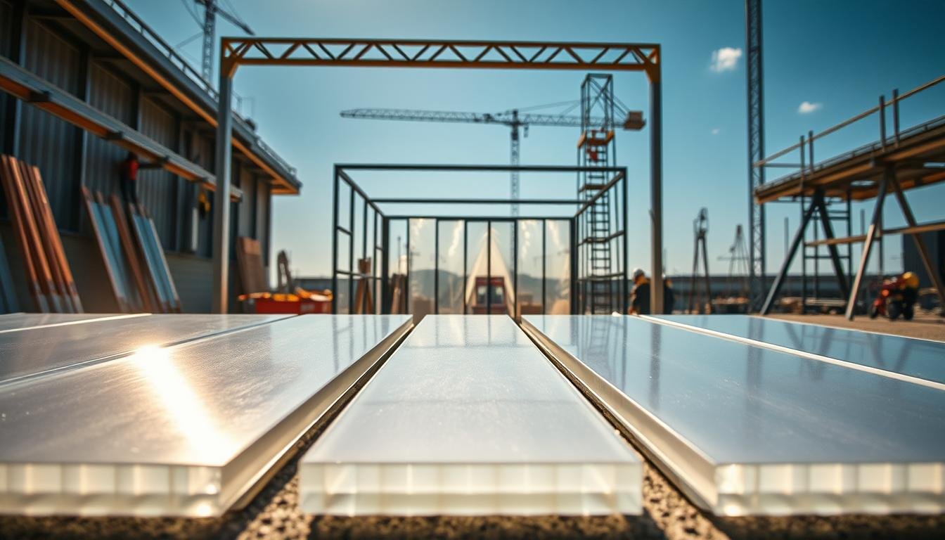 Flat polycarbonate sheets arranged neatly in a construction environment, showcasing their versatility in modular building. In the foreground, glints of sunlight reflect off the smooth, transparent surfaces of the sheets, highlighting their durability and lightweight characteristics. The middle ground features a partially constructed temporary structure framed with these sheets, emphasizing their practical uses. In the background, construction tools and scaffolding create an industrious atmosphere, with clear blue skies above. Natural lighting casts a soft glow, enhancing the reflectiveness of the polycarbonate. The overall mood is one of innovation and modernity, illustrating the effectiveness of flat polycarbonate in contemporary building solutions.