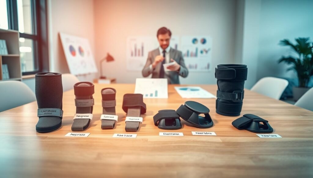 A detailed image showcasing various knee braces and supports prominently displayed on a clean, minimalist wooden desk. In the foreground, focus on a range of knee braces made from different materials like neoprene, elastic fabric, and metal, arranged neatly with labels for each type. In the middle ground, include a professional-looking individual in business attire analyzing these products, surrounded by charts and graphs comparing their functionality. The background features a softly blurred office setting with natural lighting coming from a nearby window, creating a bright and inviting atmosphere. The overall mood conveys professionalism and expertise, ideal for illustrating detailed comparisons of knee support options. The camera angle is slightly elevated, ensuring all elements are clearly visible while maintaining a sense of depth.