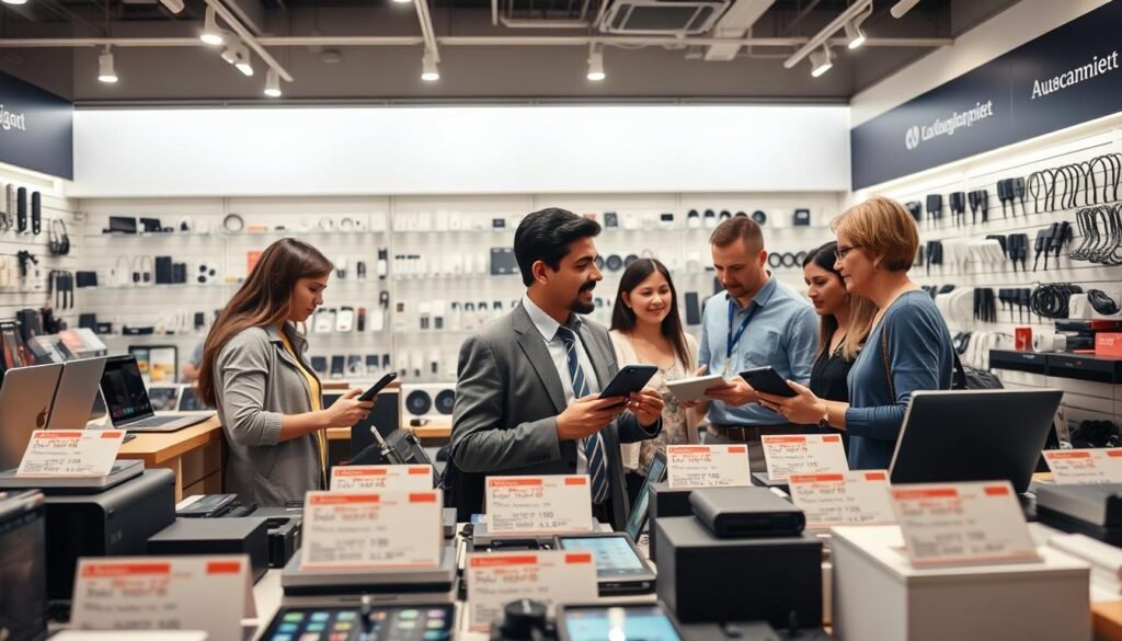 A modern, bustling American electronics store showcasing various 3C digital products and accessories. In the foreground, a well-organized display of laptops, smartphones, and tablets, with visible price tags emphasizing voltage specifications and warranty information. The middle ground features a knowledgeable salesperson in professional attire assisting diverse customers, engaged in discussions about product features and compliance with international voltage standards. In the background, bright, ambient store lighting highlights a large wall of digital accessories like chargers and cables, arranged by type. The atmosphere is friendly and informative, with warm colors enhancing the inviting feel of the shop, creating an atmosphere of trust and professionalism. The image should have a clear depth of field to draw focus to the products and interactions.