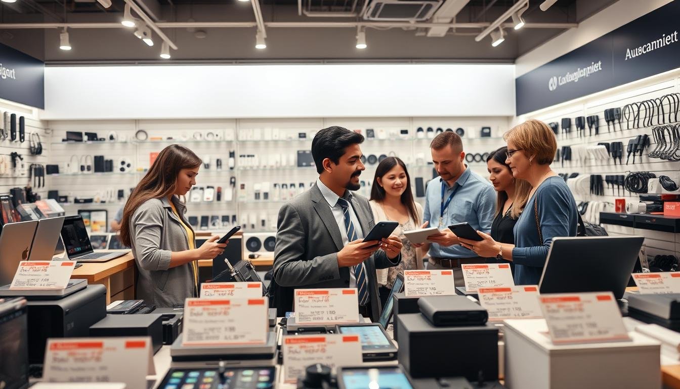 A modern, bustling American electronics store showcasing various 3C digital products and accessories. In the foreground, a well-organized display of laptops, smartphones, and tablets, with visible price tags emphasizing voltage specifications and warranty information. The middle ground features a knowledgeable salesperson in professional attire assisting diverse customers, engaged in discussions about product features and compliance with international voltage standards. In the background, bright, ambient store lighting highlights a large wall of digital accessories like chargers and cables, arranged by type. The atmosphere is friendly and informative, with warm colors enhancing the inviting feel of the shop, creating an atmosphere of trust and professionalism. The image should have a clear depth of field to draw focus to the products and interactions.