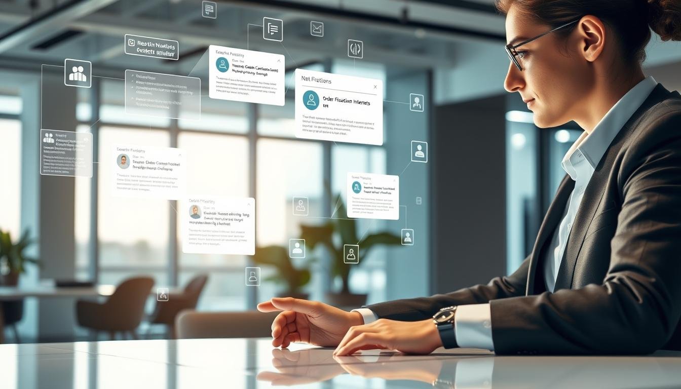 A modern workspace featuring a sleek, high-tech notification system designed for a U.S. purchasing service. In the foreground, a professional wearing business attire interacts with a touchscreen interface displaying real-time order notifications and alerts. In the middle, digital graphics of notifications and alerts float around, showcasing snippets of information about order statuses and updates. The background depicts a stylish office setting with large windows allowing natural light to flood in, illuminating the space. Soft, ambient lighting creates a focused yet dynamic atmosphere, emphasizing innovation and efficiency. The overall mood conveys reliability and advanced technology, highlighting the importance of timely communication in protecting consumer interests.