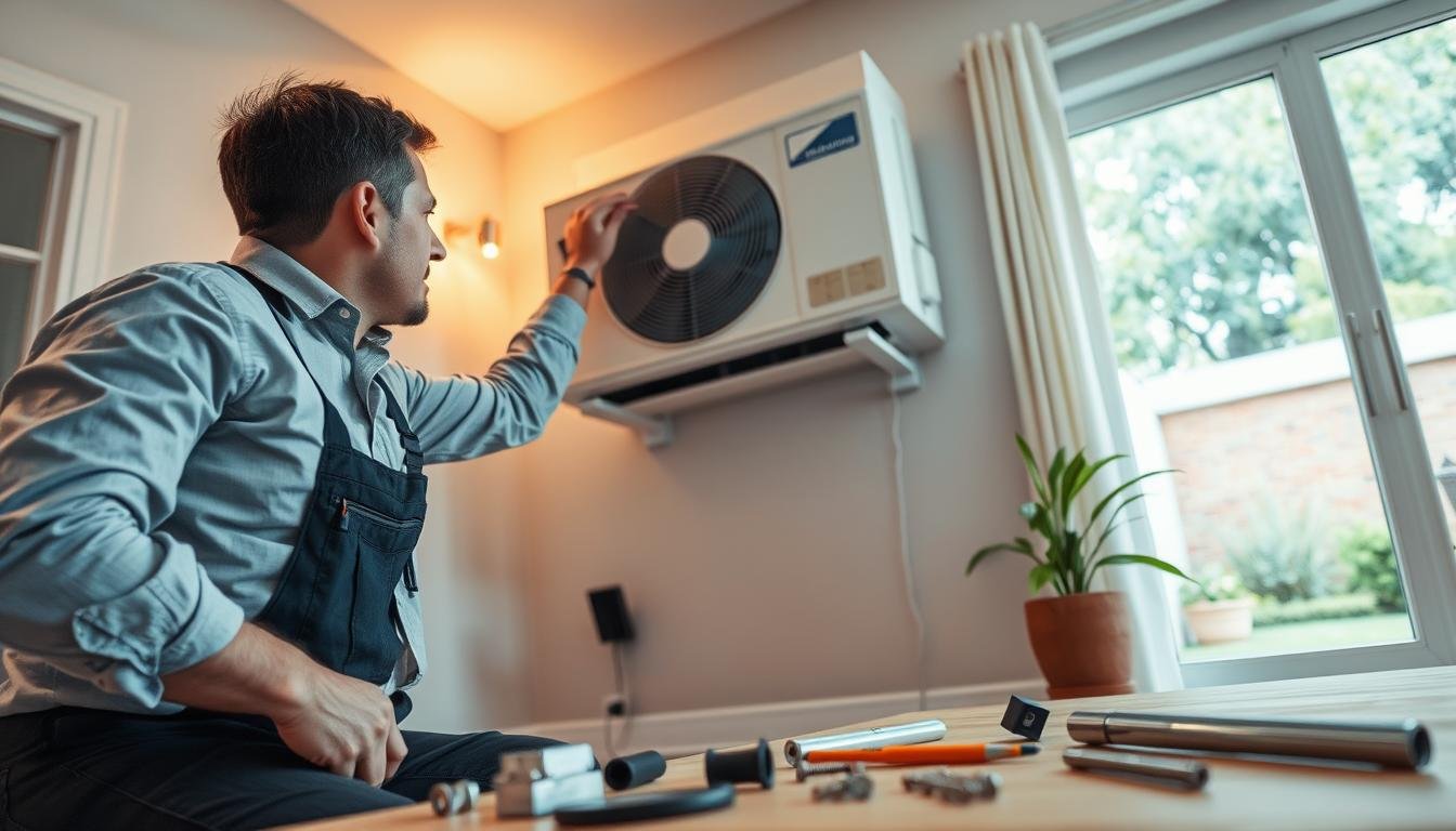 A professional technician installing a split-type air conditioner in a residential setting. The foreground features the technician, dressed in smart casual attire, carefully mounting the outdoor unit on a sturdy bracket. The middle ground showcases the split AC unit mounted against a wall, with tools and installation materials scattered around, including screws and brackets. In the background, a well-lit, modern home environment adds a touch of domestic comfort, with a garden visible through a large window. Soft, natural lighting illuminates the scene, creating a bright and welcoming atmosphere. The camera angle is slightly low, emphasizing the technician’s focus on the installation process, while capturing the details of the equipment and the home setting.