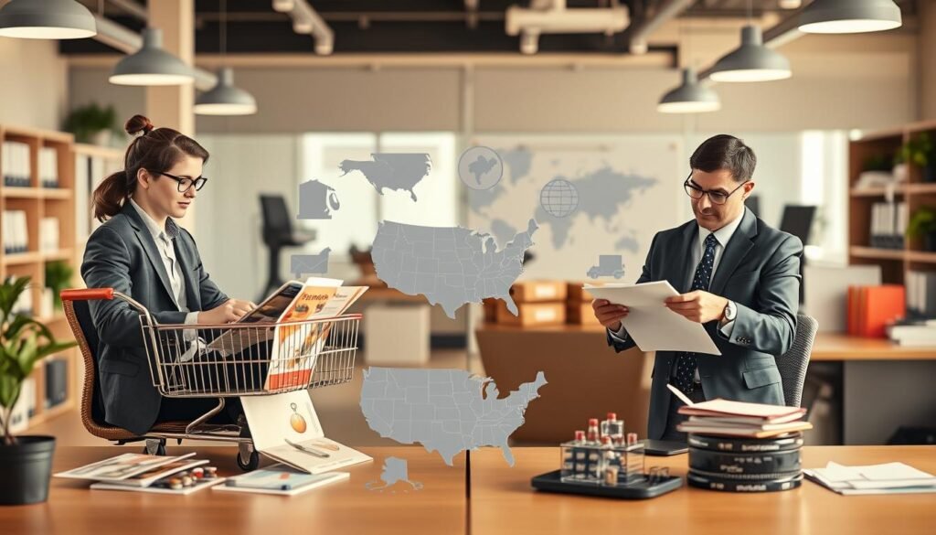 Generate an image illustrating the differences between personal and corporate purchasing agents in the U.S. In the foreground, display two distinct characters: one individual dressed in smart casual attire, working on a laptop with a shopping cart and product brochures spread out, symbolizing personal purchasing. In contrast, show a corporate professional in a sharp business suit, analyzing documents and charts on a desk, representing corporate purchasing. In the middle ground, include elements like U.S. maps and logistics icons, associated with both processes. The background should feature an organized office environment with soft, warm lighting to create a professional, collaborative atmosphere. The camera angle should be slightly elevated, providing a clear overview of both settings for effective comparison.