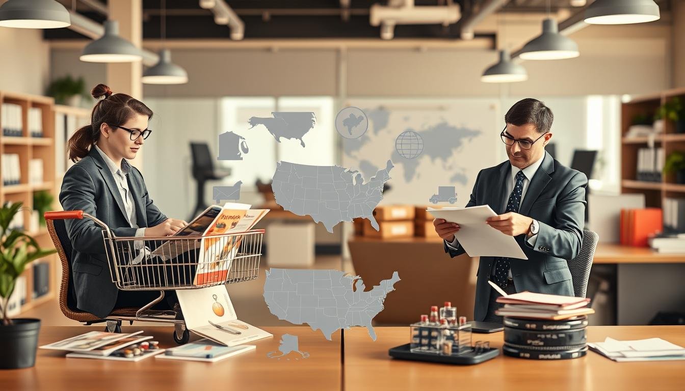 Generate an image illustrating the differences between personal and corporate purchasing agents in the U.S. In the foreground, display two distinct characters: one individual dressed in smart casual attire, working on a laptop with a shopping cart and product brochures spread out, symbolizing personal purchasing. In contrast, show a corporate professional in a sharp business suit, analyzing documents and charts on a desk, representing corporate purchasing. In the middle ground, include elements like U.S. maps and logistics icons, associated with both processes. The background should feature an organized office environment with soft, warm lighting to create a professional, collaborative atmosphere. The camera angle should be slightly elevated, providing a clear overview of both settings for effective comparison.