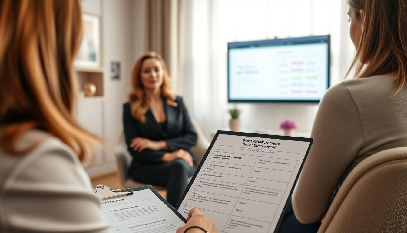 A serene and professional consultation setting, featuring two women: one dressed in smart business attire, the other in modest casual clothing, engaged in a thoughtful discussion about breast enhancement methods. In the foreground, a stylish clipboard with detailed evaluation criteria is visible, showcasing the factors of natural massage and technological beauty treatments. The middle ground captures a soft, well-lit room, adorned with tasteful decor and a large window allowing natural light to create an inviting atmosphere. In the background, a digital screen displays comparison charts illustrating the differences between treatment effects. The mood is calm and informative, emphasizing a professional tone and focus on personal choice in beauty treatments. Soft lighting and warm colors enhance the inviting nature of the scene, ensuring a safe for work image.