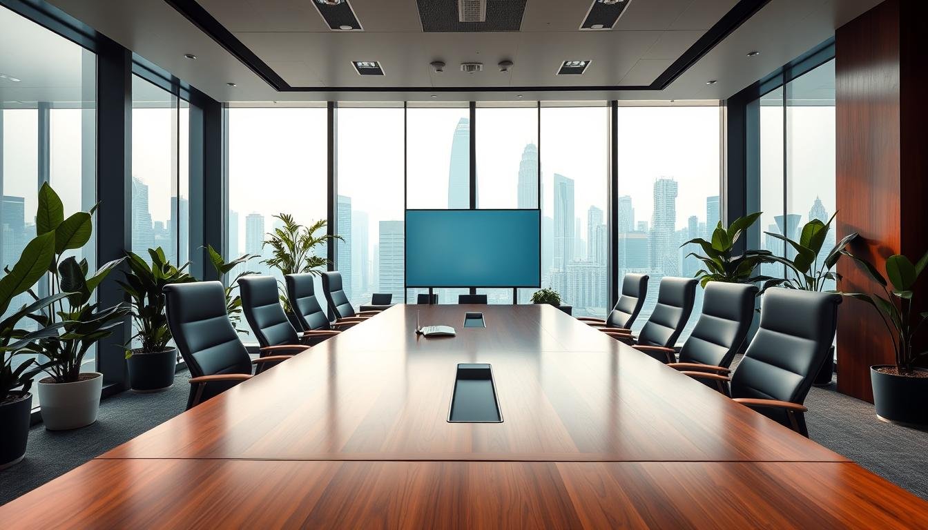 A vibrant and modern office interior in Hong Kong, showcasing a stylish conference room with large windows offering a view of the skyline. In the foreground, a sleek wooden conference table surrounded by comfortable ergonomic chairs. The middle ground features advanced technological facilities like a large smart screen and well-organized office supplies. The background shows tall buildings outside, illuminated by soft natural light filtering through the glass. The scene is clean and professional, with a color palette of neutral tones accented by green plants to create a productive atmosphere. The mood is dynamic and inviting, perfect for multinational corporations.