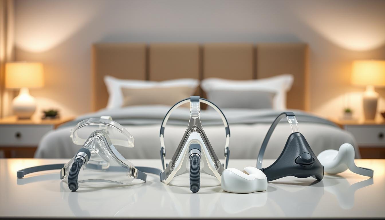 A detailed guide on choosing CPAP mask types for sleep apnea therapy. In the foreground, display an array of CPAP masks, including full face masks, nasal masks, and nasal pillows, artfully arranged on a clean, modern table. In the middle ground, depict a soft, focused lighting illuminating the masks, showcasing their features and materials. In the background, maintain a blurred, serene bedroom environment with soft colors, conveying a sense of calm and comfort. Utilize a professional lens effect to create depth, ensuring the masks are the central focus. The overall mood should be informative and supportive, encouraging viewers to understand the importance of proper mask selection for effective sleep therapy.